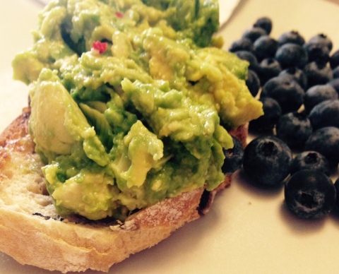 I am obsessed by avocados at the moment. I crush mine and add a tiny bit of chilli and some sea salt. This time I had a slice on olive bread toast with a side of blueberries. 