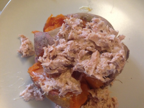 I love jacket potatoes but have had quite a few recently and its made me feel bloated as I can't work off the carbs. So I have replaced the jacket potato with a sweet potato. Again, an easy one and its very versatile, just add whatever topping you prefer.